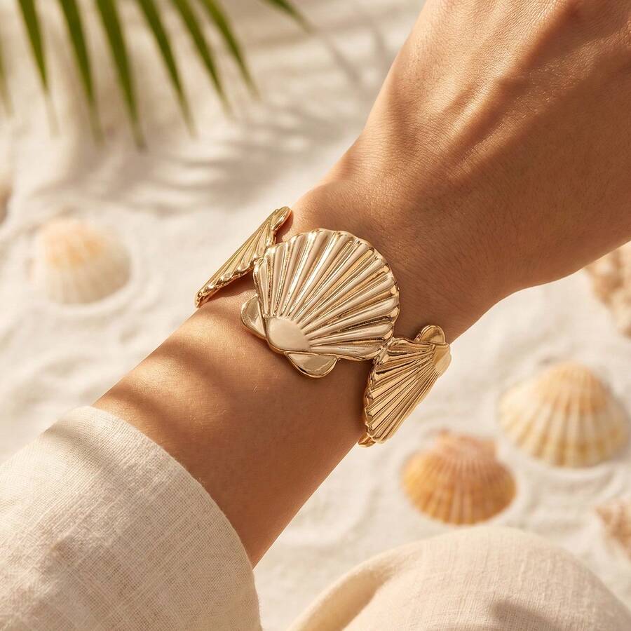 1pc Vintage Fashionable Seashell Metal Adjustable Bangle Bracelet, Versatile For Daily, Vacation, Commute - Gold - View 1