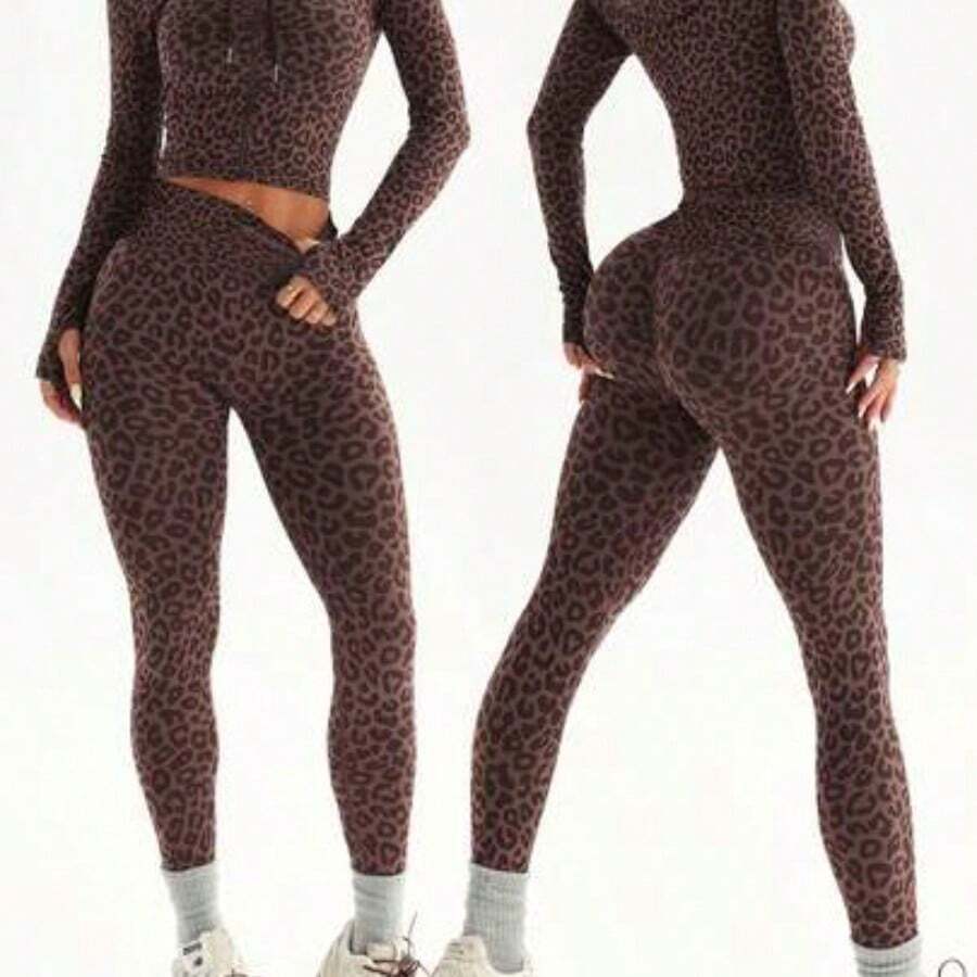 Dewbera 2pcs Women Seamless Leopard Print Hooded Zipper Thumb Hole Long Sleeve Sweatshirt And 7/8 Leggings Sports Suit For Running, Fitness, Yoga - Café integral - Ver 1