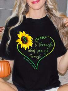 Women's Pure Cotton Short-Sleeved T-Shirt With Round Neck And Sunflower Graphic Print With Green Heart-Shaped Ribbon And The Phrase "Grow Through What You Go Through Mental Health Matters", Suitable For Everyday Wear. - 黑色 - 查看 1