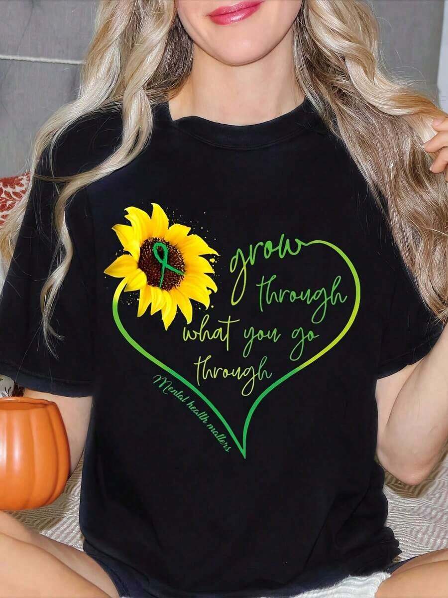 Women's Pure Cotton Short-Sleeved T-Shirt With Round Neck And Sunflower Graphic Print With Green Heart-Shaped Ribbon And The Phrase "Grow Through What You Go Through Mental Health Matters", Suitable For Everyday Wear. - 黑色 - 查看 1