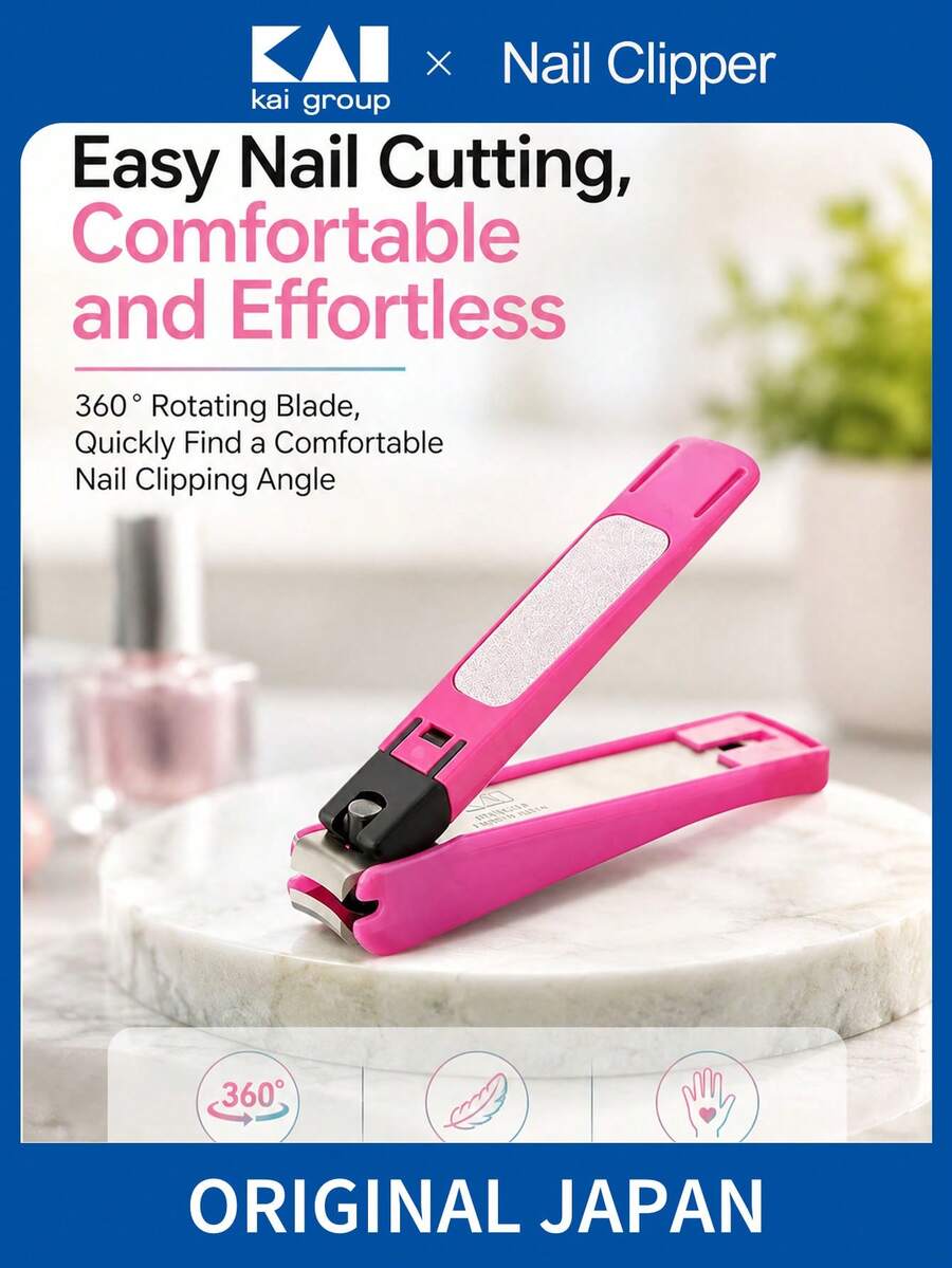 KAI Pink Curved Nail Clipper With Nail File & Anti-Splash Cover, Stainless Steel Manicure Tool For Toenail & Fingernail, Portable Travel & Home Use, Precision Nail Trimmer, Perfect Women's Gift, Beauty Essential - Pink - View 1
