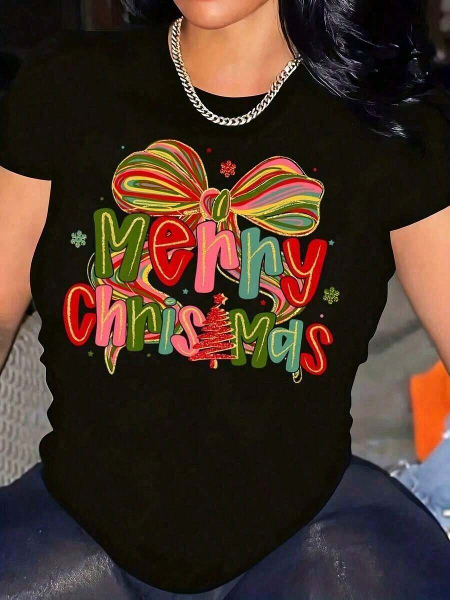 Women's Casual T-Shirt, Festive Christmas Design With Colorful Bow Print, For Christmas Parties, Casual Wear, Graphic T-Shirt, Women's Tops, Summer T-Shirt, Casual T-Shirt, Holiday Clothes For Women, Youthful And Fashionable Design. - 黑色 - 查看 1