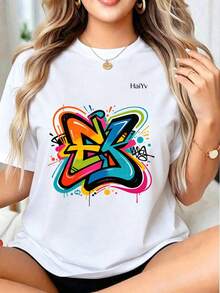 Limited Time Offer, Limited Quantity Available, Flash , Women's Shirts, Women's T-Shirts. Women's Oversized Black T-Shirt, Short Sleeve, Round Neck, Colorful Graffiti Letter Print, Casual Street Style For Everyday Wear - 白色 - 查看 2