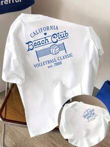Short-Sleeved T-Shirt With Front And Back Prints, California Beach Club, Classic Volleyball Tournament Graphic Design, Round Neck, Casual T-Shirt For Women - Women's Clothing, Comfortable Fit, Timeless Design For Summer. - 白色 - 查看 1