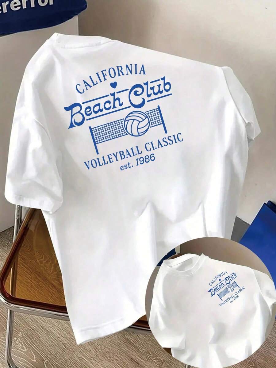 Short-Sleeved T-Shirt With Front And Back Prints, California Beach Club, Classic Volleyball Tournament Graphic Design, Round Neck, Casual T-Shirt For Women - Women's Clothing, Comfortable Fit, Timeless Design For Summer. - 白色 - 查看 1