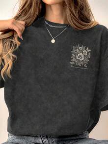 Camiseta de mujer talla grande con estampado de flores vintage, mariposas y letras desgastadas, de cuello redondo y manga corta, cómoda y casual, ideal para primavera/verano, adecuada para uso diario casual y playa, actividades al aire libre, color negro - Negro - Ver 5