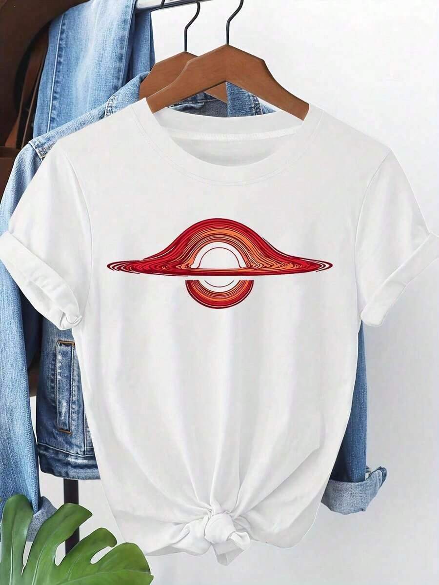 Women's Space-Themed T-Shirt - Featuring Red And Saturn Graphic - Lightweight Casual T-Shirt For Everyday Wear - Perfect For Spring/Summer - Ideal Gift For Women's Blouses > Clothing - 白色 - 查看 1
