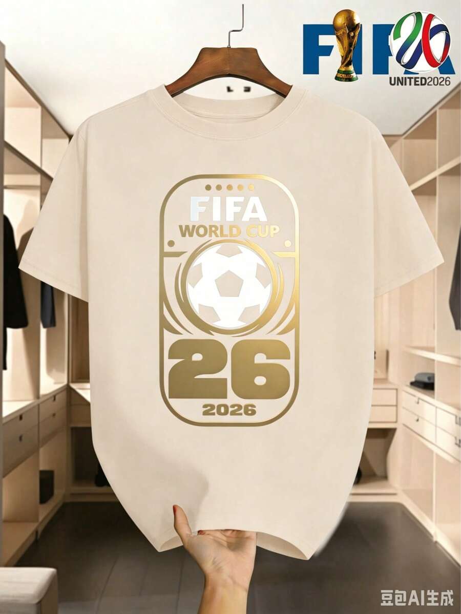 [FIFA Licensed]FIFA 2026 World Cup Logo Men's T-Shirt, World Cup Merchandise, Souvenirs, Casual Fashion Men's Clothing, - 杏色 - 查看 1