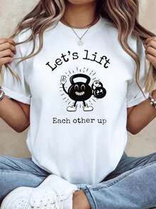 Camiseta de algodón puro "Let's lift" con estampado motivacional de mancuernas "inspiración mutua" para mujer, manga corta, cuello redondo, ropa casual de primavera/verano, atuendo diario, regalo para vacaciones, ropa deportiva y de fitness. - Blanco - Ver 6
