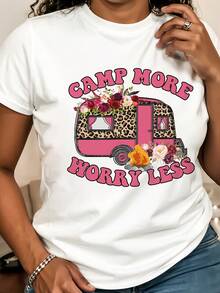 Women's White Printed T-Shirt - CAMP MORE WORRY LESS, Vintage Camper And Flower Print, Short Sleeve Crew Neck T-Shirt, Soft And Stretchy, Suitable For Summer Camps, Daily Travel And Casual Wear, Camp Accessory, Weekend Outfit, Loose Fit, Breathable Material - Unisex Short Sleeve Crew Neck Cotton T-Shirt, Urban Vintage Style. - 白色 - 查看 7