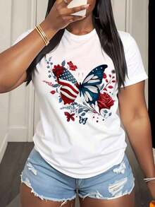 Women's T-Shirt With Floral Butterfly And American Flag Design, Patriotic For Independence Day, July 4th, Casual Summer Style, Fashion Graphic T-Shirt, 220g - Urban Vintage Style, Unisex, 100% Pure Cotton, Short Sleeve, Round Neck. - 白色 - 查看 3