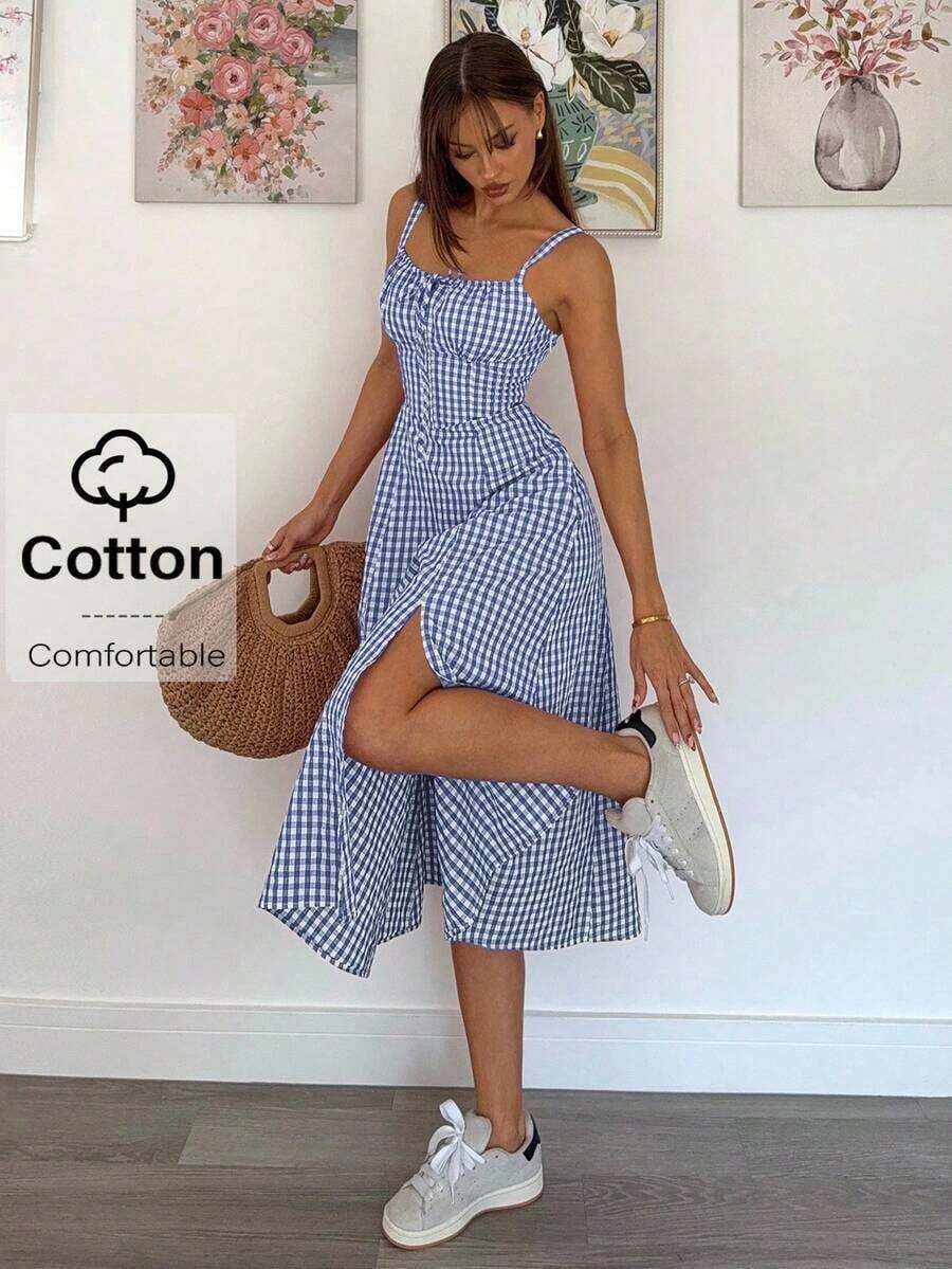 Vestido a media pantorrilla con tirantes a cuadros para mujeres, de moda y apropiado para el verano - Azul y blanco - Ver 1