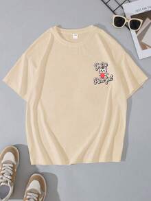 1 pieza Camiseta de niña con estampado de gato lindo, patrón "Eres Purr-Fect", manga corta, tela suave y cómoda, top casual para uso diario - Albaricoque - Ver 2