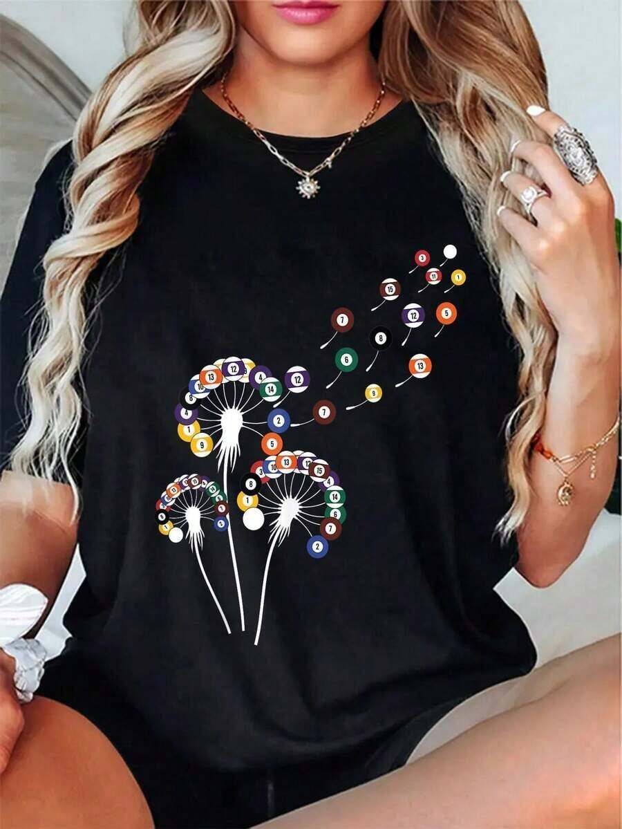 Women's Billiards T-Shirt With Vibrant Dandelion And Billiard Ball Print | Casual Short Sleeve T-Shirt, Round Neck, Stretch Fabric, Perfect For Pool Fun, Geometric Pattern Style, 220g. - Black - View 1