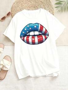 Plus-Size Women's T-Shirt With An American Flag Lip Design, Perfect For Independence Day Celebrations And Patriotic Events. Casual Everyday Wear, Crew Neck Style, Fashionable And Versatile, Machine Washable, Suitable For All Seasons. Cool Summer Clothing For Women. - 白色 - 查看 4