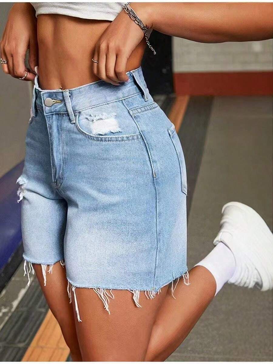 Shorts vaqueros desgastados y rotos de estilo casual Mobula, versátiles para la moda de primavera/verano, cómodos para el uso diario, los viajes y el aeropuerto - Azul - Ver 1