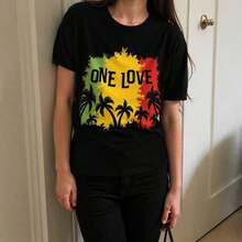 GiftCoconut Round Neck T-Shirt With Coconut Tree Print, Casual Short Sleeve T-Shirt For Spring And Summer, Soft Women's Clothing - 黑色 - 查看 7