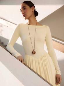 Long Knit Dress With Round Neck, 2026, Elegant Style, Fitted Cut With Petal Design - Light Yellow - View 3