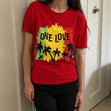GiftCoconut Round Neck T-Shirt With Coconut Tree Print, Casual Short Sleeve T-Shirt For Spring And Summer, Soft Women's Clothing - 紅色 - 查看 7