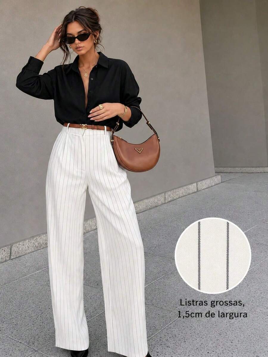 Striped Tailored Wide Leg Pants - Blanco - Ver 1
