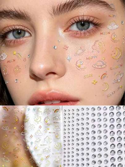 Super beliebter Galaxy Gesichtsdekor! Stern, Mond & Planet + Strass Kombi Aufkleber, einfach anzubringen, erstellt einen strahlenden & lebendigen Make-up Look, perfekt für Dates, Partys und Fotoshootings
