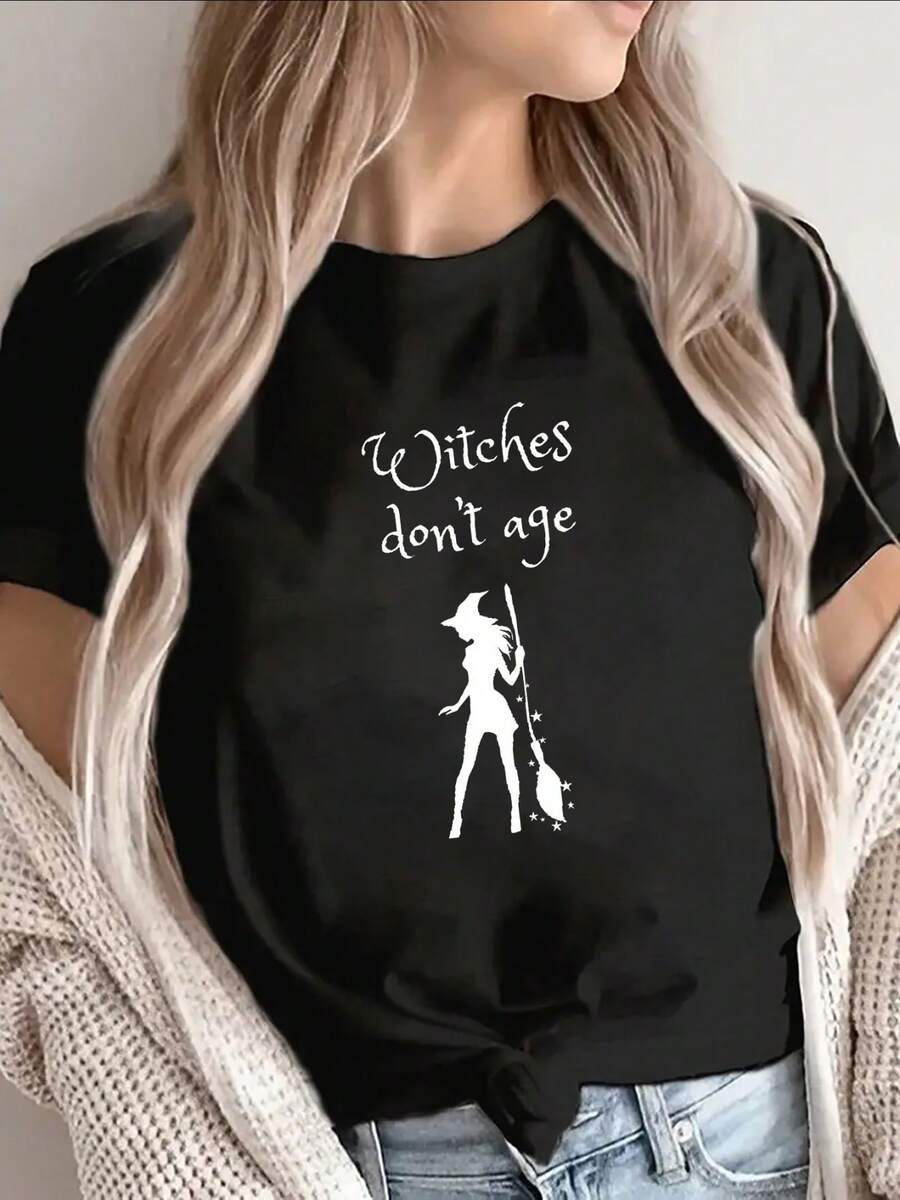 Polyester Short Sleeve T-Shirt With Witch Print "Witches Don't Age", Lightweight And Durable For Casual Wear, Ideal For Halloween Parties Or Everyday Outfits, Fabric Print - 黑色 - 查看 1