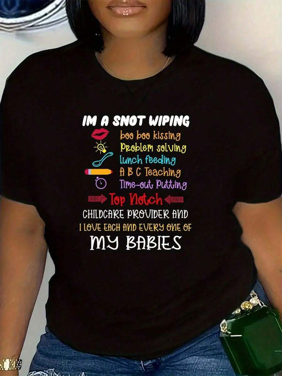 Camiseta Divertida para Mujer, para Maestras y Trabajadoras de Guarderías - Divertido Eslogan "Me Estoy Limpio la Nariz" con Icono, Camiseta Cómoda de Manga Corta y Cuello Redondo para Primavera y Verano, Regalo para Trabajadoras de Guarderías, Moda de Primavera, Estampado Brillante, Material Suave, Ropa Elegante, Camiseta para Mujer, Camiseta Estampada, Camiseta para Mujerblusas para mujer>ropa - Negro - Ver 1