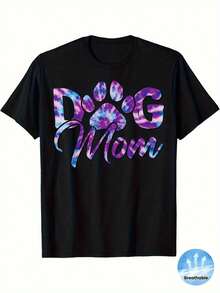 Women's Tie-Dye T-Shirt "Dog Mom" - Galactic Paw Print Design, Casual Short Sleeve Crew Neck T-Shirt, Ideal For Dog Lovers, Machine Washable For Summer And Year-Round Wear, Pet Themed T-Shirt, All Season Wear, Breathable Fabric, Exclusive For Animal Lovers, Pet Owner Clothing, Everyday Wear, Galactic Design, Tie-Dye Pattern, Lightweight Material, Comfortable Fit, Unisex Style, T-Shirt For Animal Lovers, Dog Owners, Fashion Enthusiasts - 黑色 - 查看 2