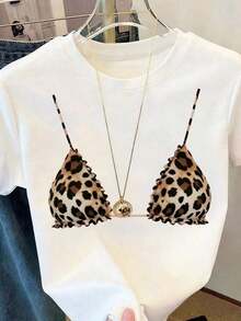 Camiseta Casual para Mujer, Estampado de Leopardo, Diseño de Bikini, Manga Corta, Cuello Redondo, Corte Regular, Alta Elasticidad, Top de Verano Casual Blanco, 100% Algodón, Resistente - Blanco - Ver 4