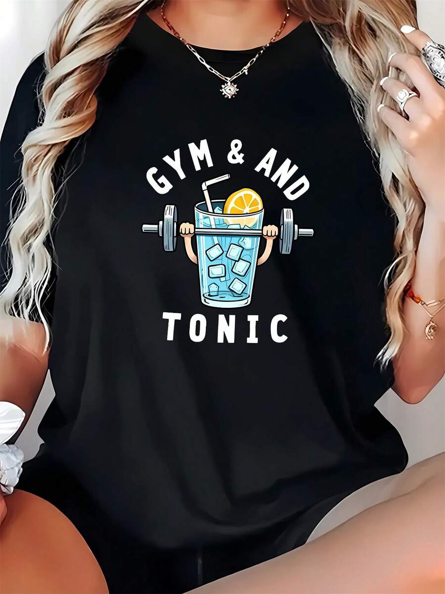 Women's Casual Graphic T-Shirt With Weights And Drinks Design, Round Neck And Short Sleeves, Pink Color, Fashionable For All Seasons, Casual Wear, Playful Print, Comfortable Fit, Gym Wear. - 黑色 - 查看 1