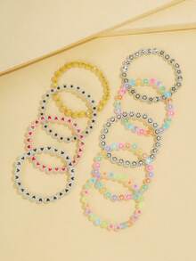 9pcs/Set Glow-In-The-Dark Beaded Bracelet Set - Fashionable Girls Accessories With Heart, Star & Cloud Designs - Perfect For Gifts & PartyDecorations-Adjustable, Dazzling & Multipurpose - Multicolor - View 2