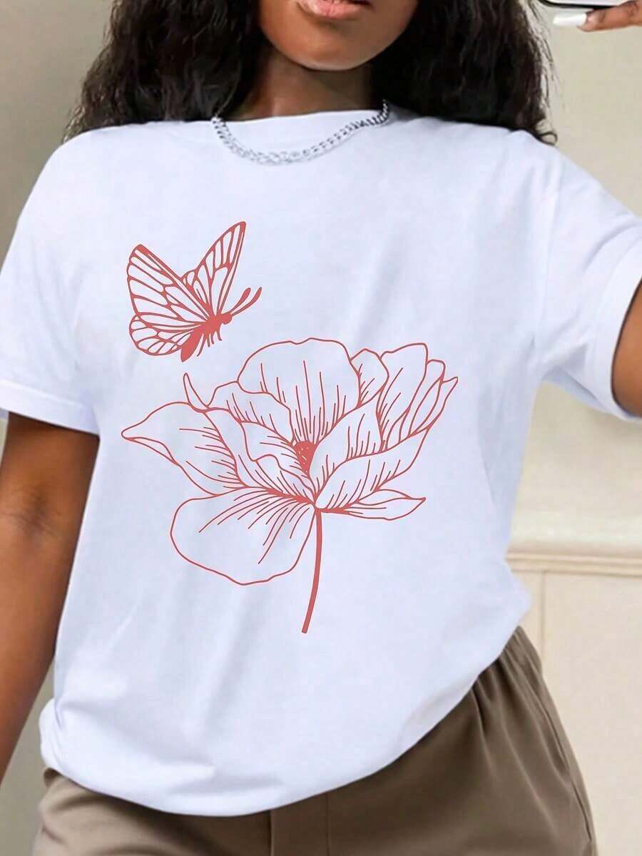 Sommer-Oberteile Damen--Shirt Mit Schmetterlings- Und Blumenmuster - Weiches Und Atmungsaktives Rundhals-Kurzarm-Freizeitoberteil, Weiß Mit Rotem Muster, Normali Passform Für Frühling Und Sommer, Natürliches Design, Bequem Für Den Alltag, Schmetterlings-Baumwoll--Shirt.,Festival - White - View 1