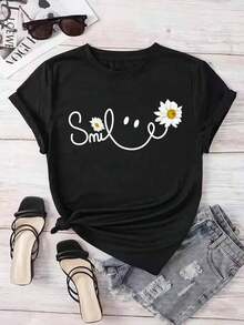 Camisole With A Beautiful Daisy Smile Print, Harajuku Style, Black Graphic Design Camisole, Casual Round Neck Camisole For Women. Suitable As A Gift. Women's T-Shirt. Blouses > Elegant. Boho Chic. Soft, Breathable, And Comfortable Women's Top, Ideal For Spring, Summer, And Autumn, Perfect For Vacations, Travel, And Everyday Wear. - 黑色 - 查看 5