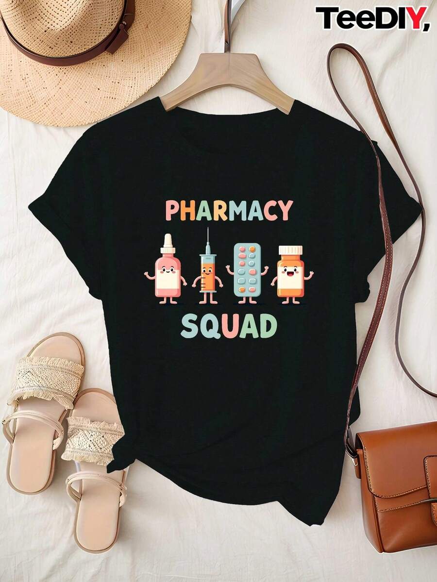 Camiseta Deportiva Casual para Mujer con Gráficos Coloridos de Farmacia - Camiseta Negra Elástica de Cuello Redondo, Lavable aáquina, Ajuste Cómodo para Todas las Estaciones, Perfecta para Uso Diario y Actividades al Aire Libre. - Negro - Ver 1