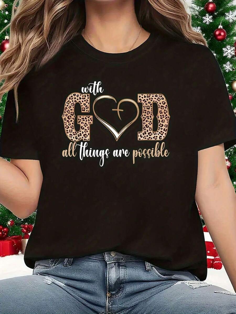 Women's Printed T-Shirt - Casual Short Sleeve Crew Neck T-Shirt In Black With Gold Text Design And Leopard Print. With A Relaxed Fit For All Seasons, The Perfect Choice For Both Everyday Wear And Your Holiday Outfits (Machine Washable). - 黑色 - 查看 1