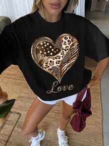 Women's Casual Sports T-Shirt In Black With Gold Heart Print And Love Text - Elastic Round Neck T-Shirt, Machine Washable, Comfortable Fit And Perfect For All Seasons, For Daily Use And Casual Activities. - 黑色 - 查看 6