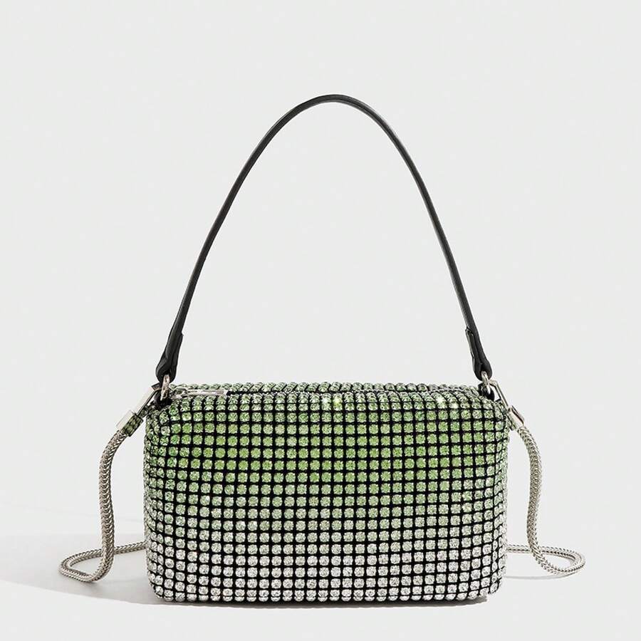 King Bag Rhinestone Bag Female Handmade Diamond-Studded Full Diamond Ladies Handbag Chain Small Square Bag Messenger Bag - Gradient Green - View 1