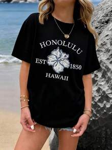 Camiseta de Verano Premium Estampada para Mujer, Estilo Hawaiano, Manga Corta, Algodón Puro, Corte Holgado, Estampado de Flor de Hibisco de la Montaña Santan, Top Casual Transpirable, Ropa de Verano para Vacaciones en la Playa, Patrón de Letras, Camiseta de Manga Corta de Verano para Mujer Adulta, Tejido Transpirable, Adecuada para la Temporada de Regreso a Clases, Ideal para Actividades al Aire Libre, Regalo Ideal. - Albaricoque - Ver 10