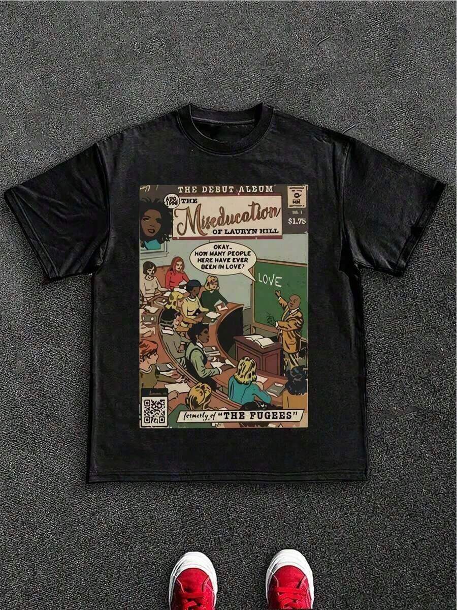 Break The System The Miseducation Of Lauryn Hill Plus Size Graphic T-Shirt, Apricot Color, Women's Summer Casual Printed T-Shirt, Ideal For Beach And Vacation, Crew Neck Loose Fit T-Shirt, 100% Cotton, Soft Fabric, Short Sleeve - 黑色 - 查看 1