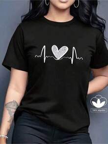 Camiseta informal de algodón con cuello redondo para mujer,Camiseta única de algodón 100% con diseño de corazón y línea de pulso perfecta para amantes de la moda y de la música estilo y2k destaca entre la multitud ideal para usar en cualquier ocasión y mostrar tu personalidad fresca y auténtica disponible en varias tallas - Negro - Ver 1