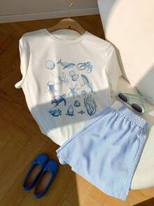 Conjunto casual de 2 piezas de mujer con camiseta de manga corta con cuello redondo y estampado de estrellas de mar, y shorts a rayas en azul marino - Azul y blanco 2 - Ver 6