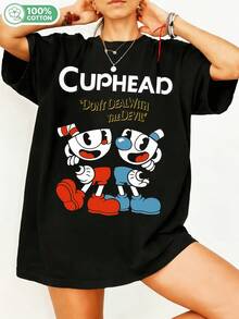 Cupheadd Dont Deall With The Devil Retro Cartoon Game Graphic 100% Cotton Oversized T-Shirt Y2K Streetwear Unisex Tee For Men Women Gamer Fans Casual Fashion Top. - Black - View 6
