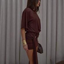 Vestido camiseta con detalle de anillo de drapeado, falda ajustada, hombros cuadrados, corte holgado, estilo casual, elegante, sexy, para salir, fiesta, primavera - Gris Oscuro - Ver 5