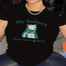 1 pieza clásica y versátil, camiseta de manga corta de algodón puro con estampado de oso cómico Mi peque?o bulto se escapó al miedo, estilo moderno - Negro - Ver 2