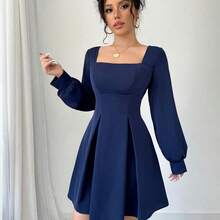 Vestido midi con cinturón, cuello cuadrado y unicolor elegante para mujer, otoño - Marrón - Ver 6