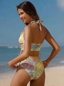 Conjunto de camiseta de tirantes y bikini con estampado floral ditsy para mujer, ideal para vacaciones románticas en la playa, nuevas llegadas de moda primavera/verano 2026: estilos de Año Nuevo, estilos de San Valentín, estilos de vuelta al col - Verde - Ver 2