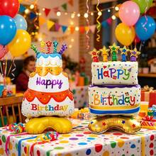 Set de 2 bases de pastel de diferentes tamaños con globos de aluminio, base pequeña con diseño de pastel de cumpleaños colorido, adecuado para decoración de fiestas de cumpleaños, aniversarios, Día de los Caídos, Año Nuevo y reuniones, globo decorativo con tema de cumpleaños - Pastel base - Ver 14