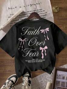 Women's Short-Sleeved T-Shirt With A Round Neck And Pink Bow Print With Slogan, Wrinkle-Resistant Cotton T-Shirt. Women's T-Shirts, Women's Blouses, Casual Blouses For Ladies - 黑色 - 查看 3