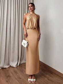 Vestido elegante y digno de invitada de boda con elástico, vestido largo fruncido de cuello halter con tela brillante - Champán - Ver 6