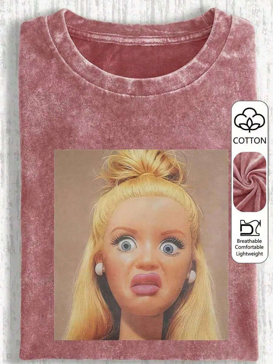 de mujer talla grande con muñeca sorprendida, cuello redondo, manga corta, casual, para primavera/verano/otoño, tops de vacaciones de verano - Rosa Fucsia - Ver 1
